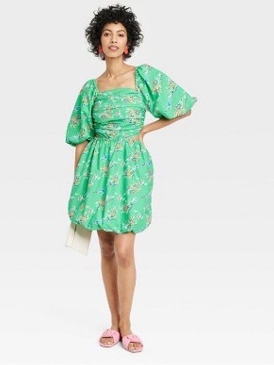 a new day Dresses & Skirts - 🍾NWT a.new.day Green Floral Puff-Sleeve cut out bubble a line Mini Dress, SizeXS